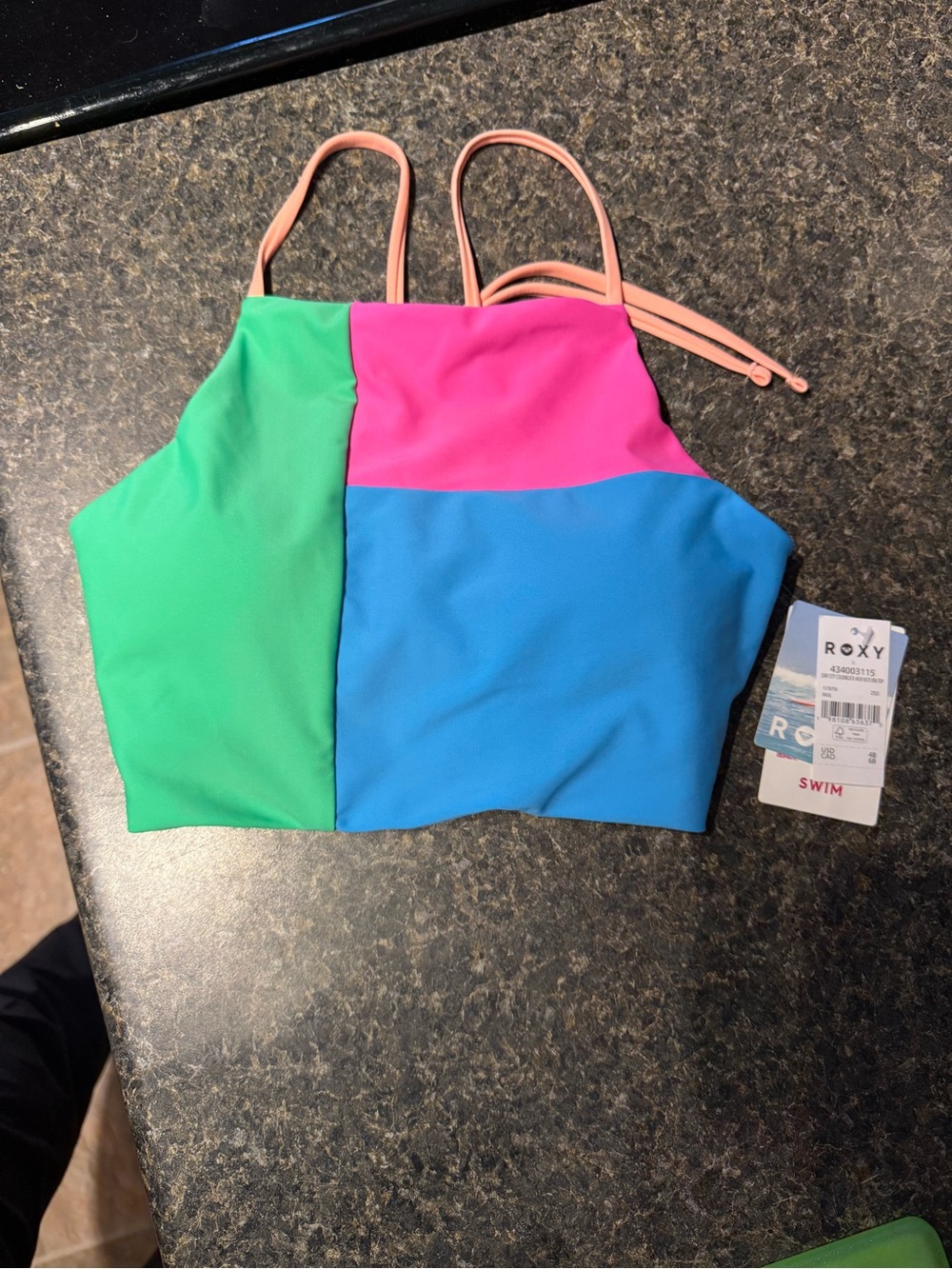 Roxy Girls Colorblock Swim Tank Top - Pink, Green & Blue with Peach Straps